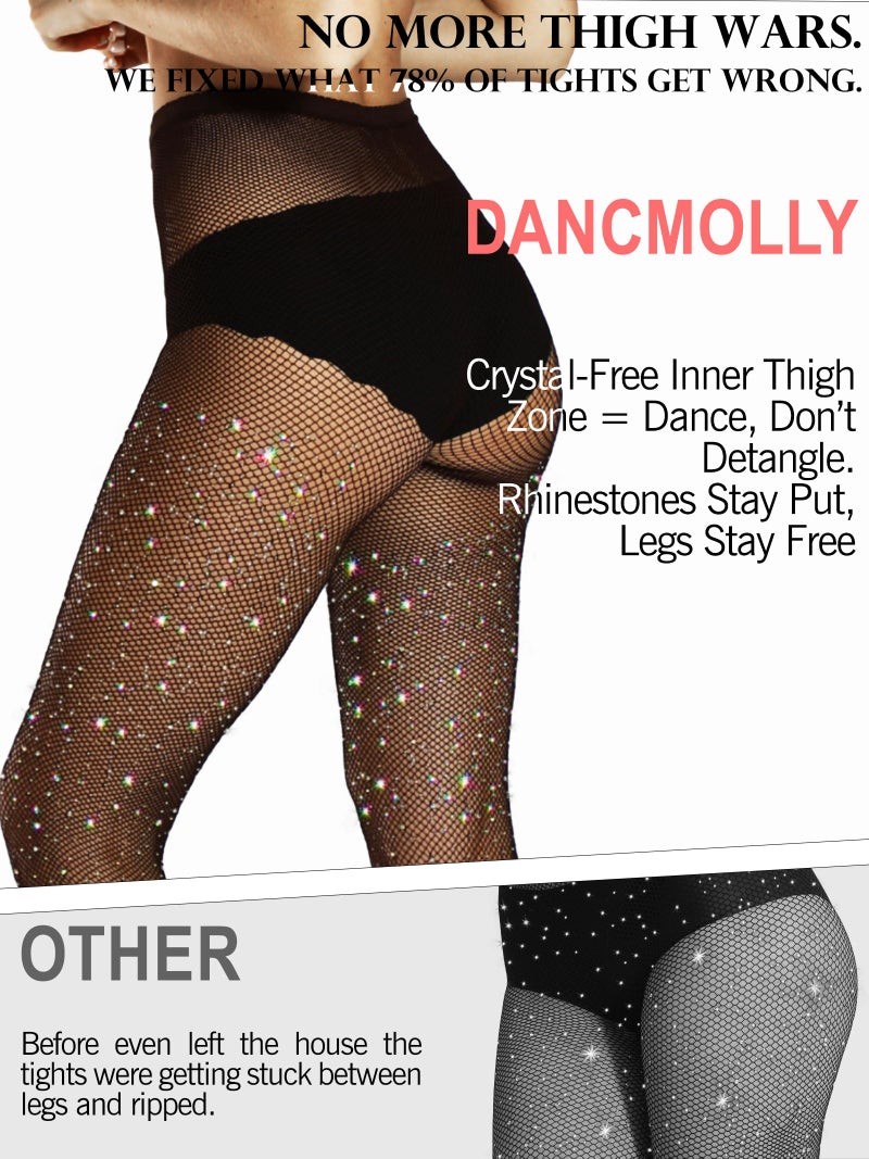 DancMolly Sparkly Rhinestone Fishnet Stockings for Women, Ultra Strong No Snag Fish Net Tights Sexy Rave Party Concert Outfit, 1 Pair Nude Small Hole M-XL - Image 5